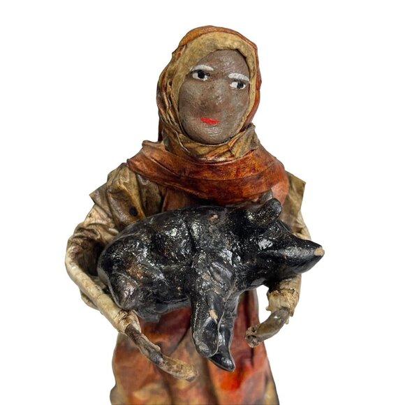 Vintage Paper Mache Old Lady Carrying a Pig Statue Figurine Wood Base 6.5 in H - Picture 3 of 8